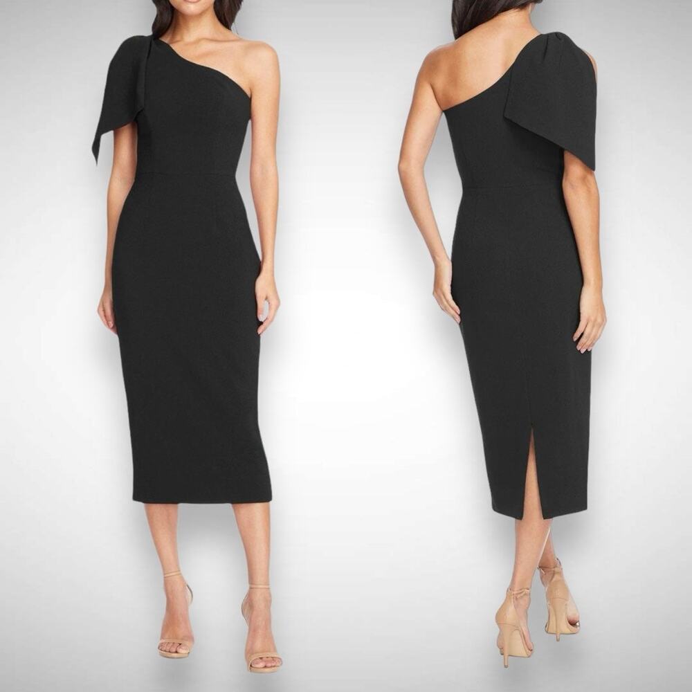 Dress the Population Tiffany Black Bow One Shoulder Midi‎ Dress Size XXL 2XL LBD